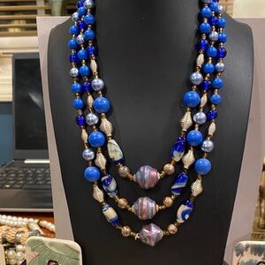 Japan Elegant Blue and Gold Beaded Necklace. Art Glass Also.